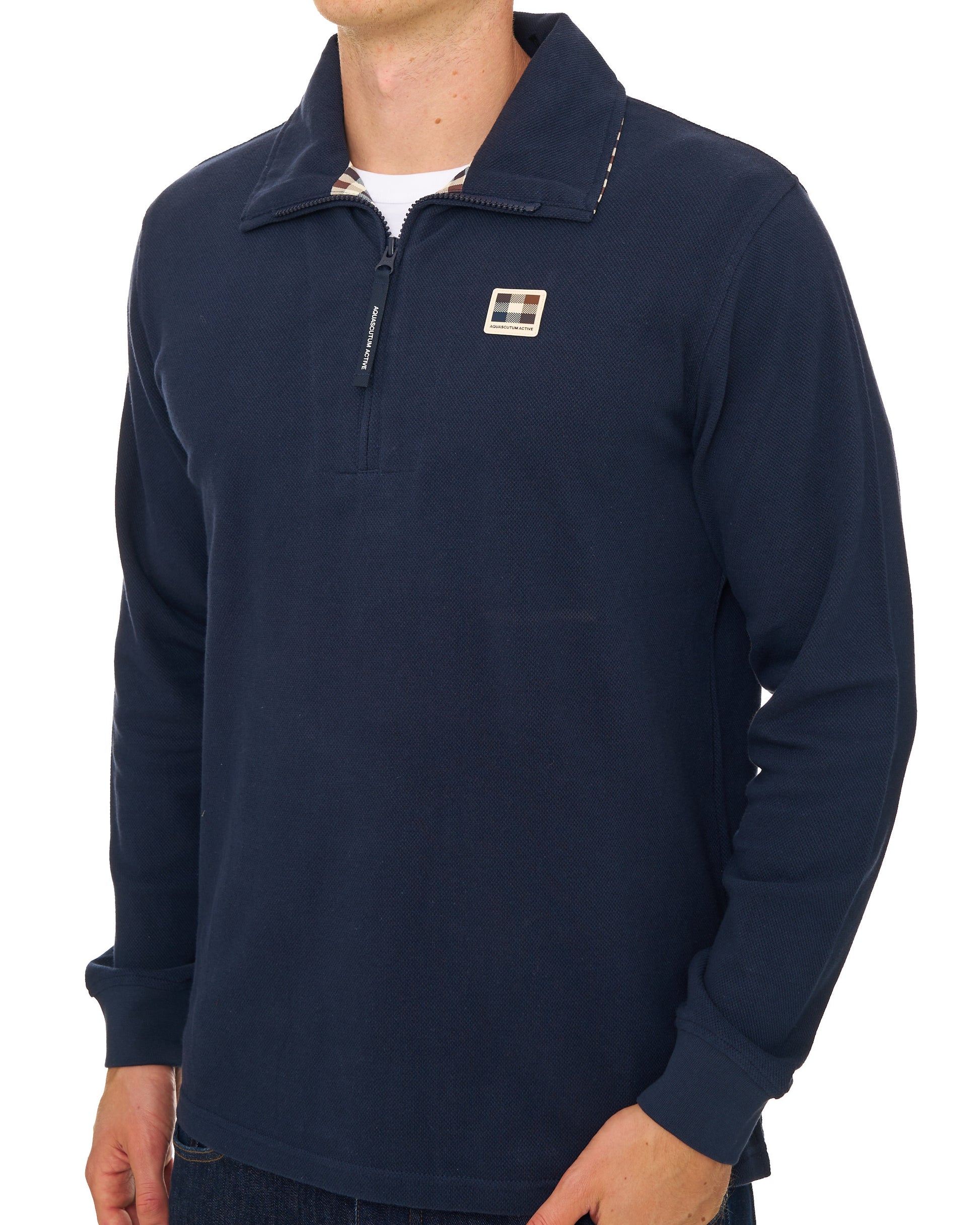 Aquascutum Heavy Pique Collar Zip LS Polo Navy