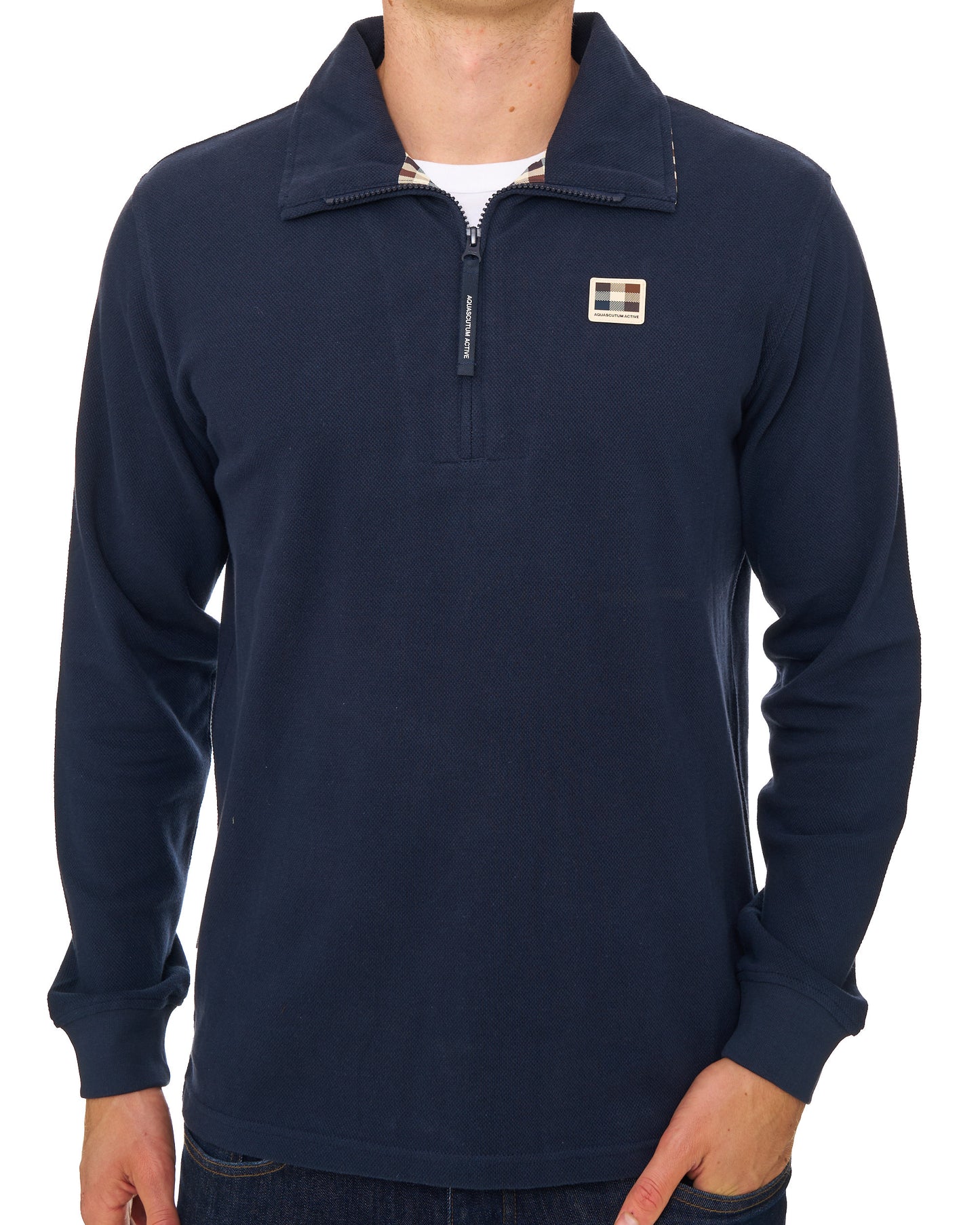 Aquascutum Heavy Pique Collar Zip LS Polo Navy