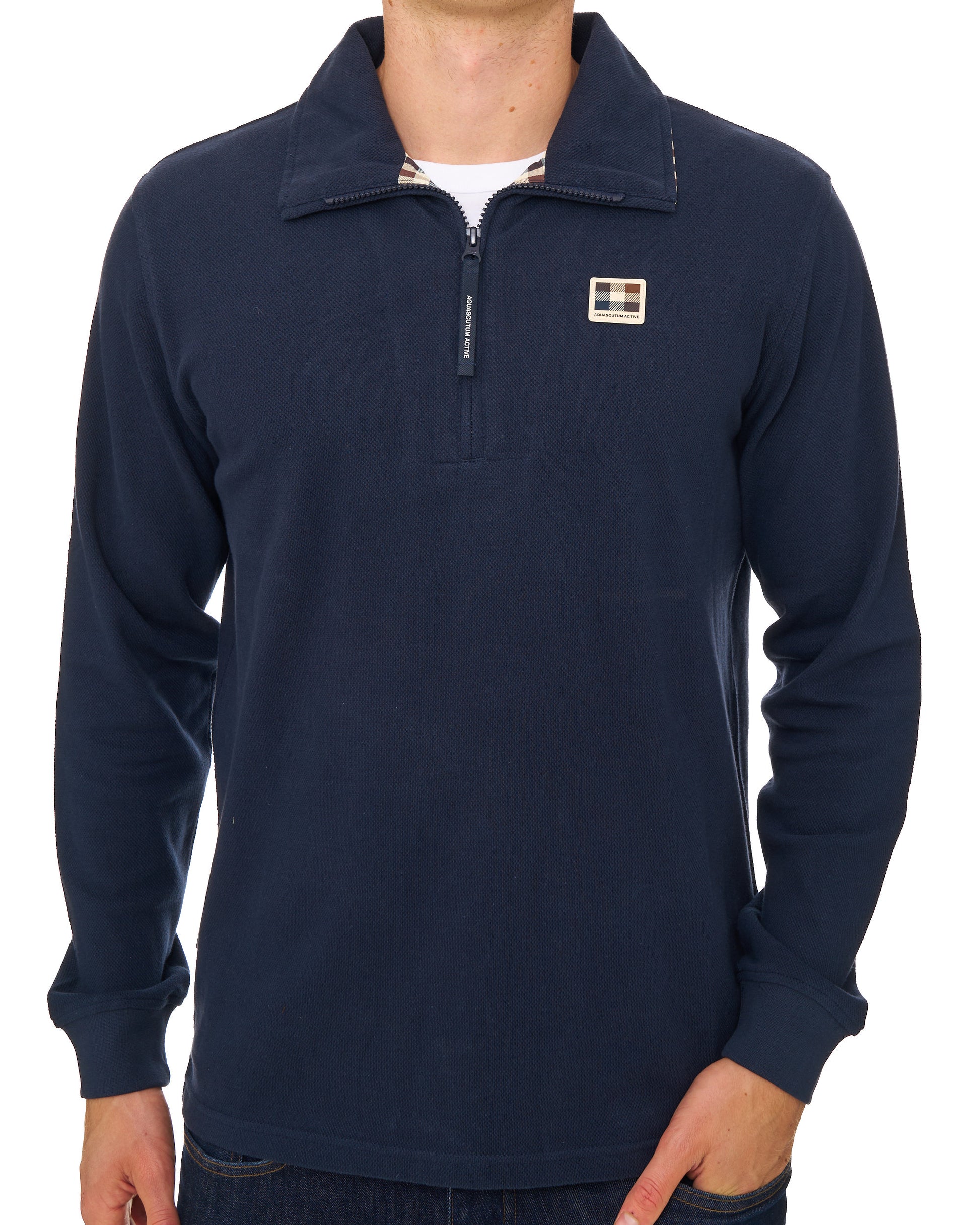 Aquascutum Heavy Pique Collar Zip LS Polo Navy