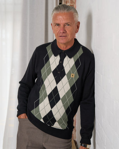 Gabicci Vintage Argyle Diamond Knit LS Polo Black