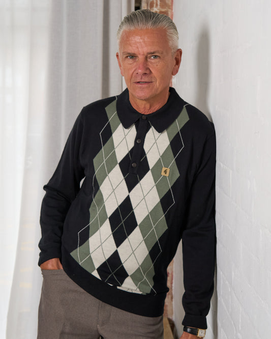 Gabicci Vintage Gabicci Vintage Argyle Diamond Knit LS Polo Black