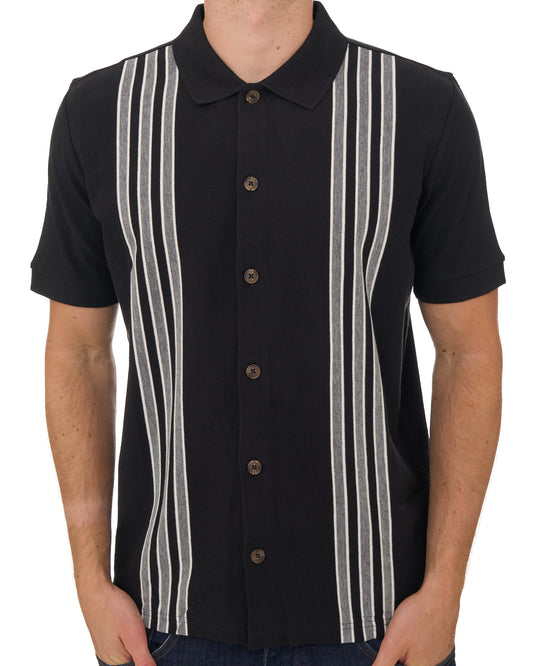 Ben Sherman Ben Sherman Birdseye Stripe Button Thru Polo Black