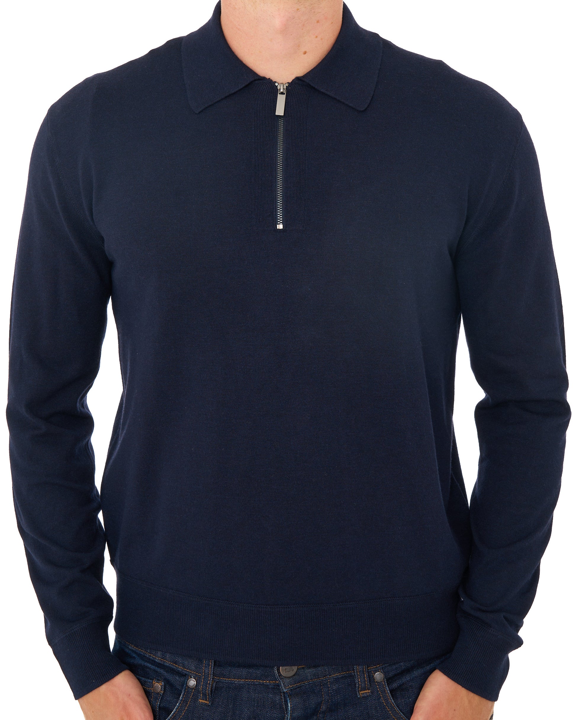 Benetton Fine Knit Zip LS Polo Dark Navy