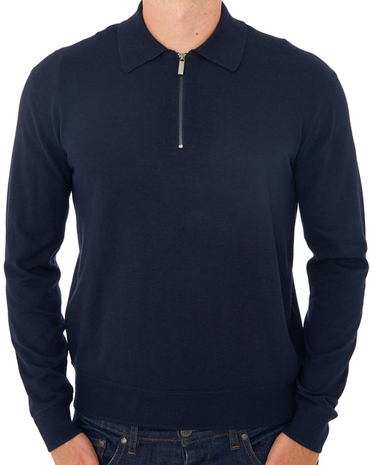 Benetton Benetton Fine Knit Zip LS Polo Dark Navy