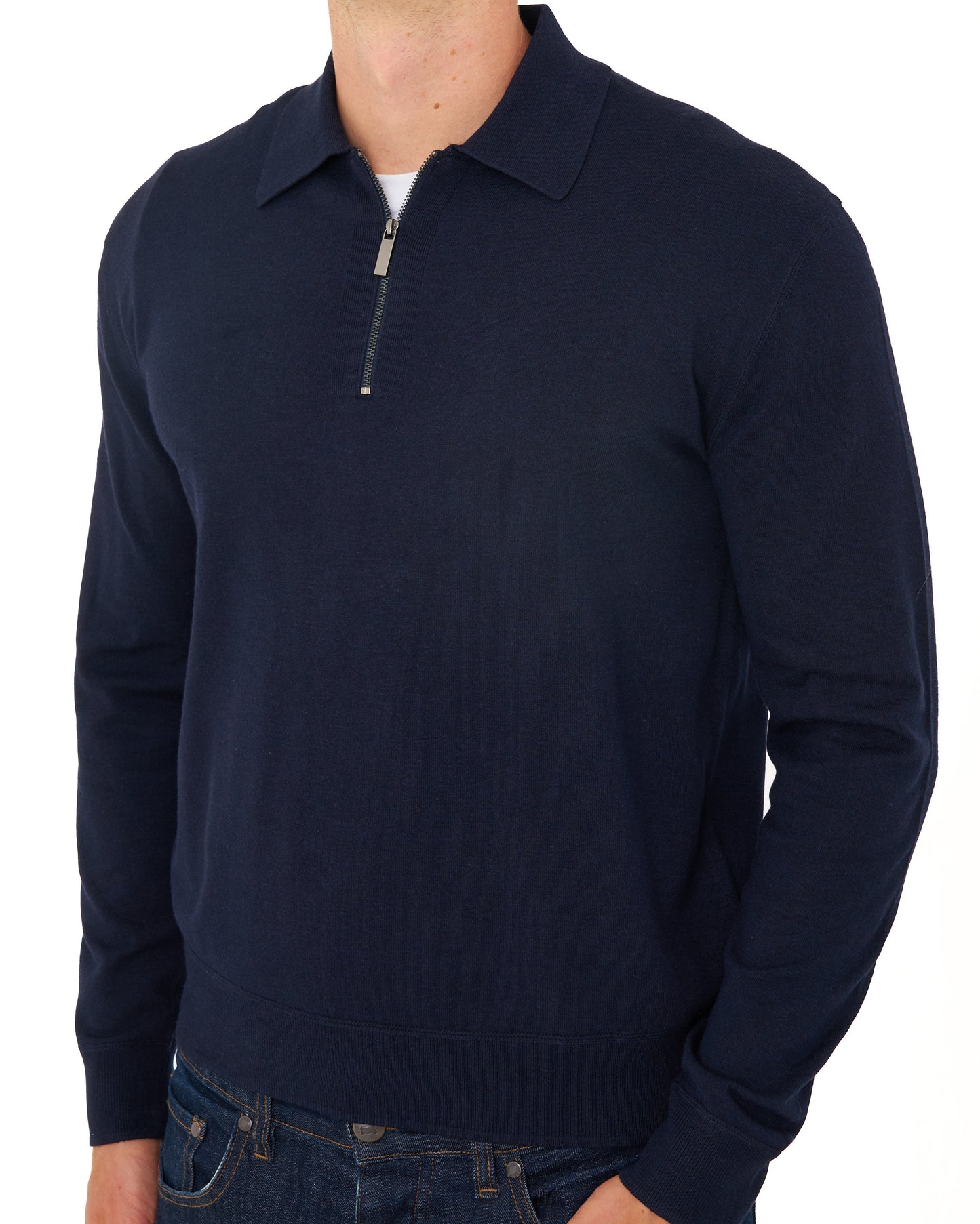 Benetton Fine Knit Zip LS Polo Dark Navy