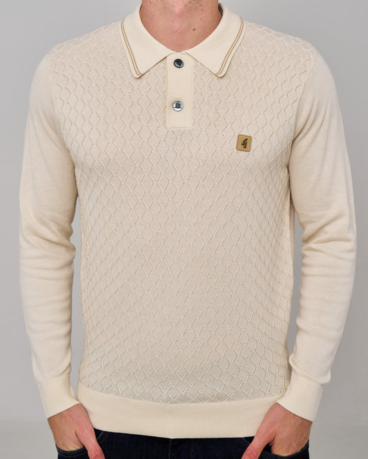 Gabicci Vintage Gabicci Vintage Cambridge LS Textured Knit Polo Cream