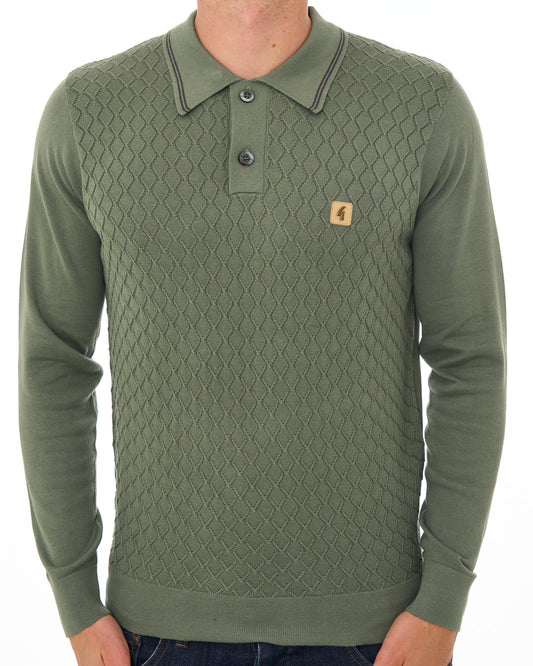 Gabicci Vintage Gabicci Vintage Cambridge LS Textured Knit Polo Khaki Green