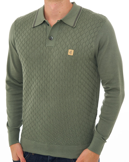 Gabicci Vintage Gabicci Vintage Cambridge LS Textured Knit Polo Khaki Green