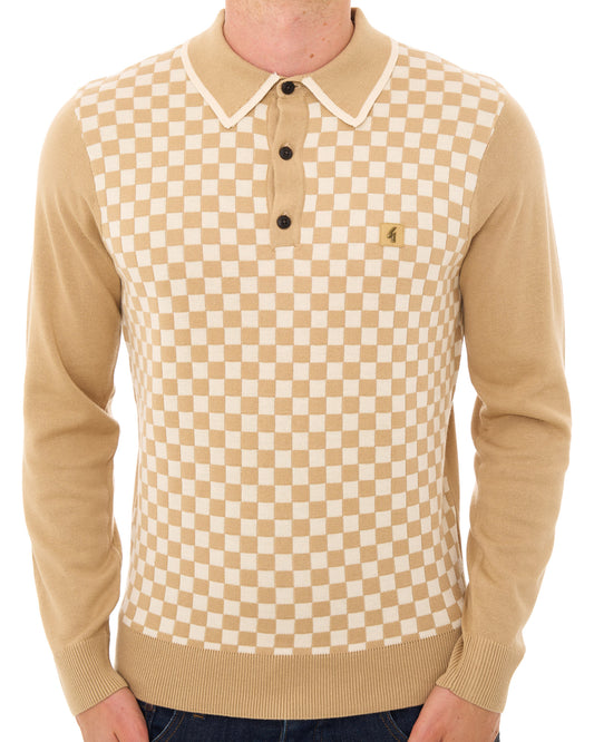 Gabicci Vintage Gabicci Vintage Chequerboard LS Knit Polo Caramel