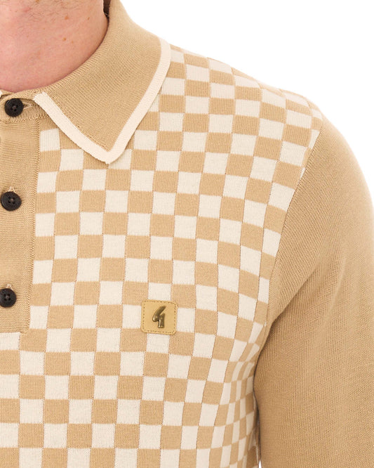 Gabicci Vintage Gabicci Vintage Chequerboard LS Knit Polo Caramel