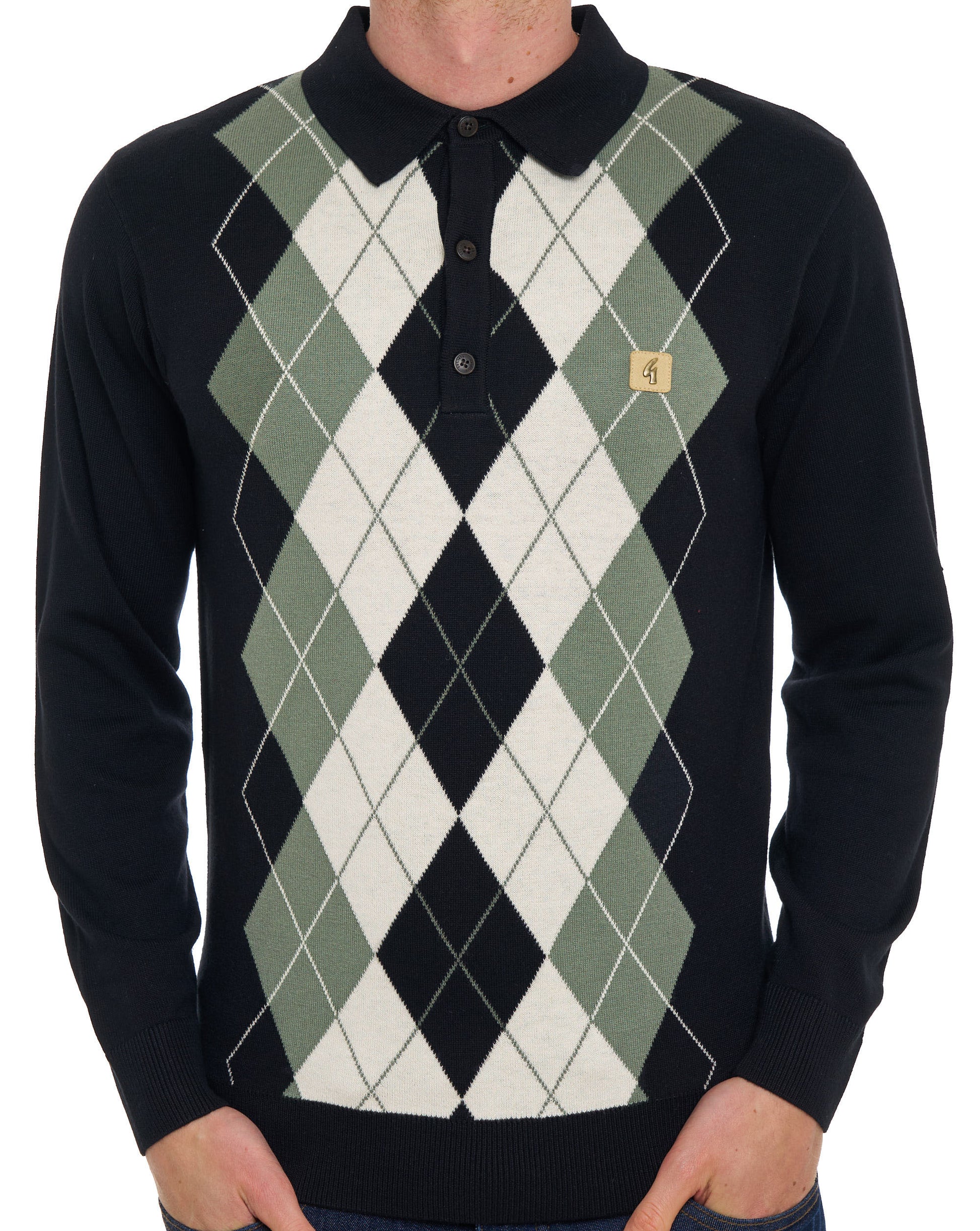 Gabicci Vintage Argyle Diamond Knit LS Polo Black
