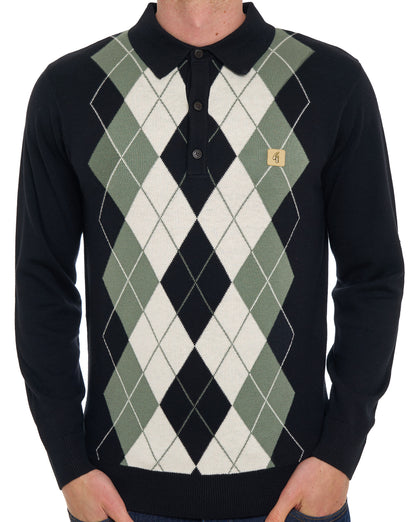 Gabicci Vintage Argyle Diamond Knit LS Polo Black