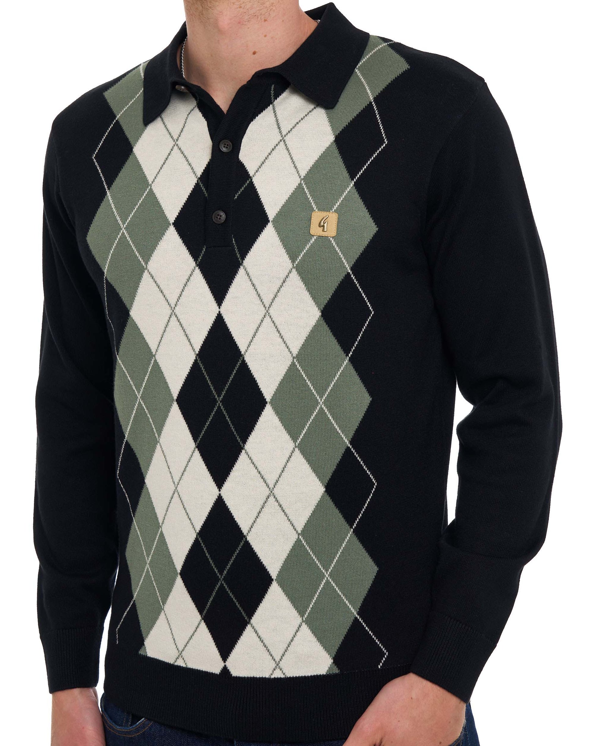 Gabicci Vintage Argyle Diamond Knit LS Polo Black