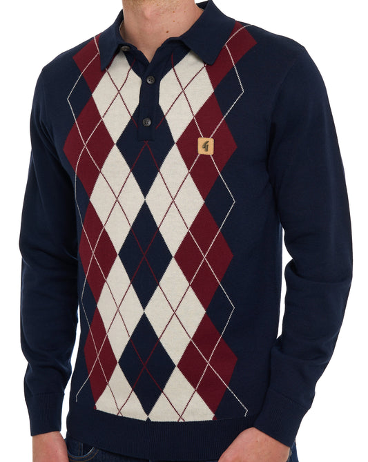 Gabicci Vintage Gabicci Vintage Argyle Diamond Knit Polo Navy