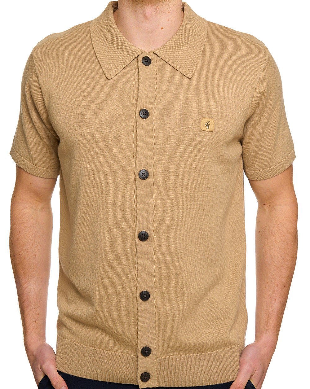 Gabicci Vintage Full Button Knit Polo Sandstone