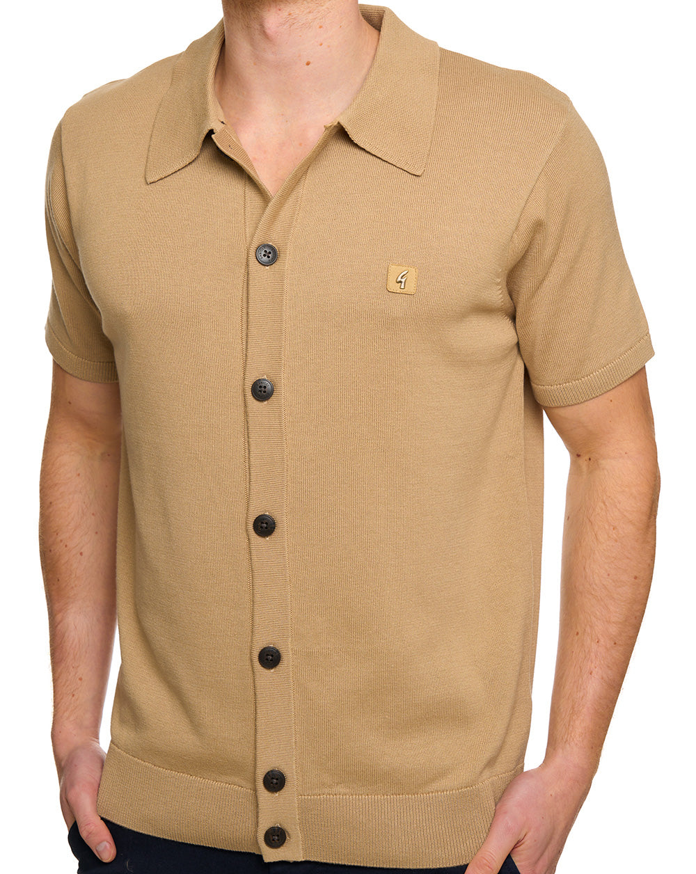 Gabicci Vintage Full Button Knit Polo Sandstone