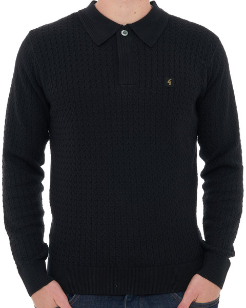 Gabicci Vintage Milton LS Cable Knit Polo Black