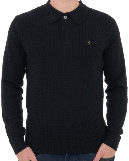 Gabicci Vintage Milton LS Cable Knit Polo Black