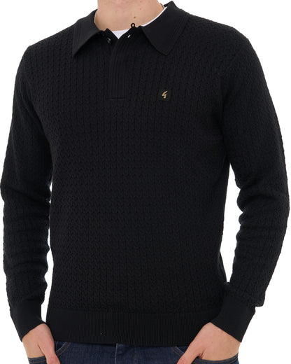 Gabicci Vintage Milton LS Cable Knit Polo Black