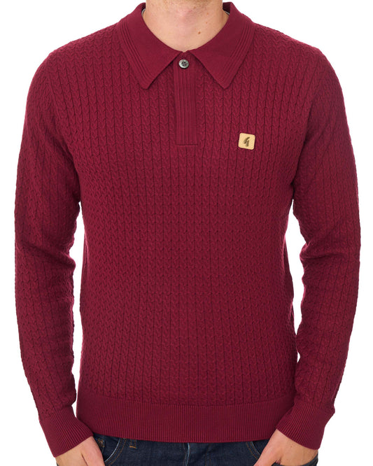 Gabicci Vintage Gabicci Vintage Milton LS Cable Knit Polo Claret