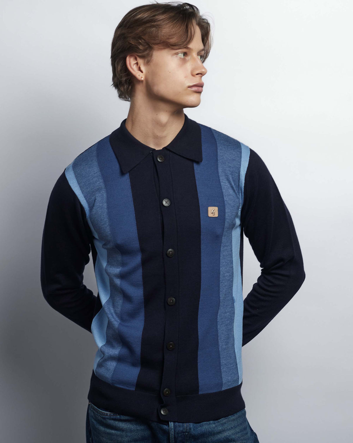 Gabicci Vintage Pedro Stripe LS Button Through Knit Navy