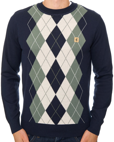 Gabicci Vintage Portrush Argyle Crew Knit Jumper Navy