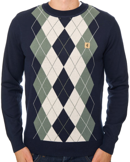 Gabicci Vintage Portrush Argyle Crew Knit Jumper Navy
