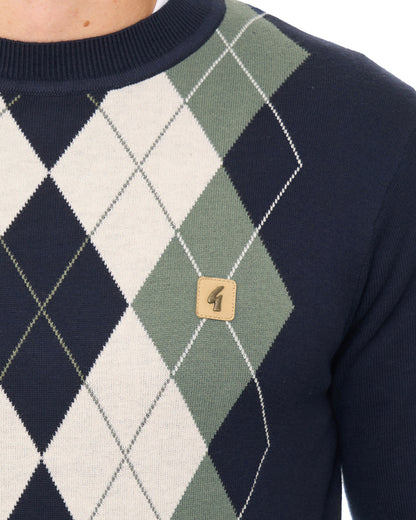 Gabicci Vintage Portrush Argyle Crew Knit Jumper Navy