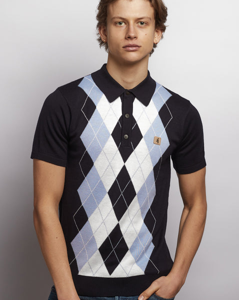 Gabicci Vintage Argyle Diamond Knit Polo Navy Sky White