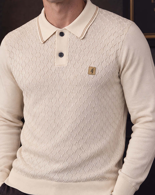 Gabicci Vintage Gabicci Vintage Cambridge LS Textured Knit Polo Cream