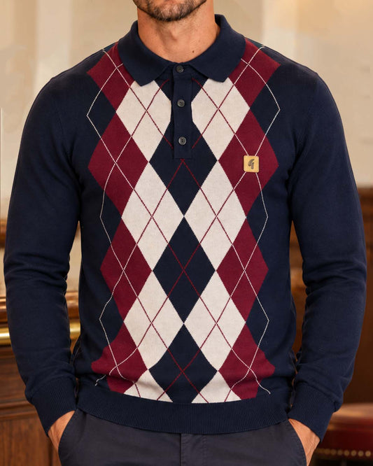 Gabicci Vintage Gabicci Vintage Argyle Diamond Knit Polo Navy