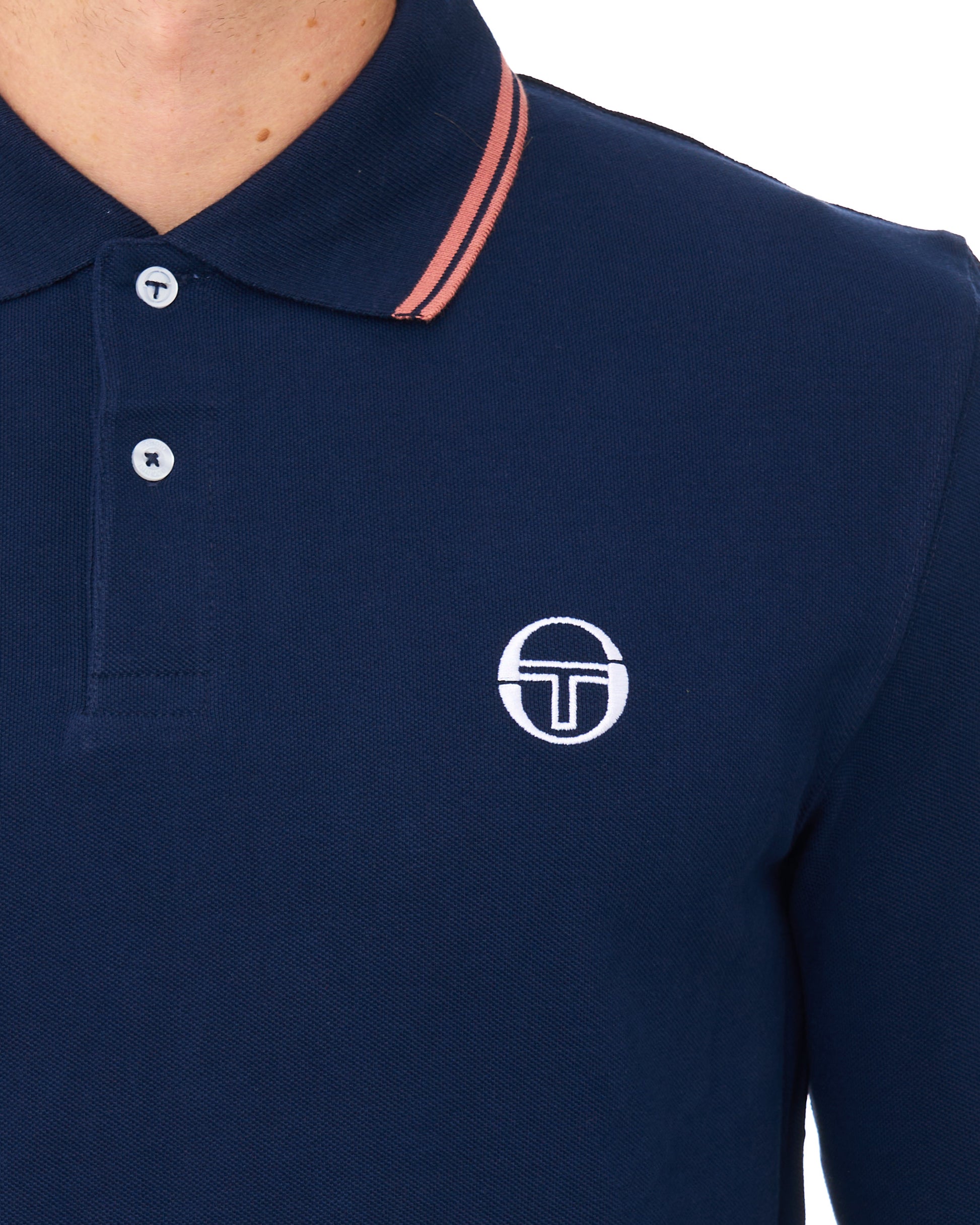 Sergio Tacchini Tipped Long Sleeve Polo Shirt Navy Blue/Light Mahogany