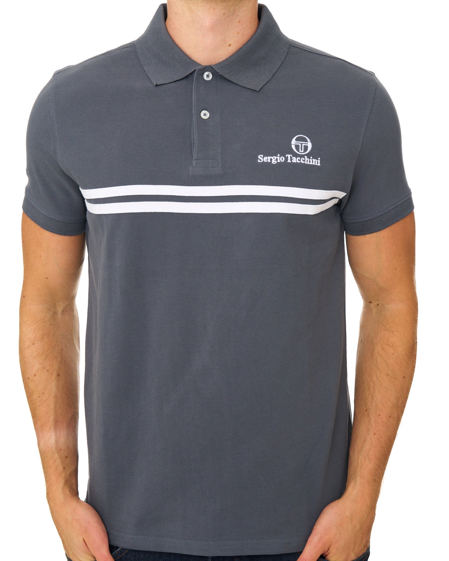 Sergio Tacchini Twin Stripe Polo Shirt Dark Grey/White