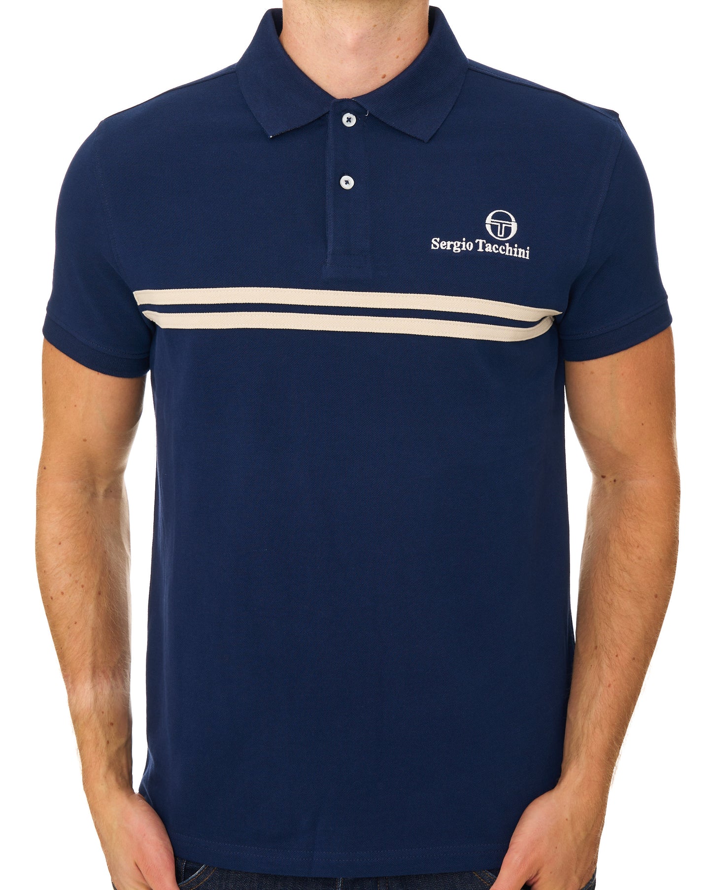 Sergio Tacchini Twin Stripe Polo Shirt Navy Blue/Light Sand