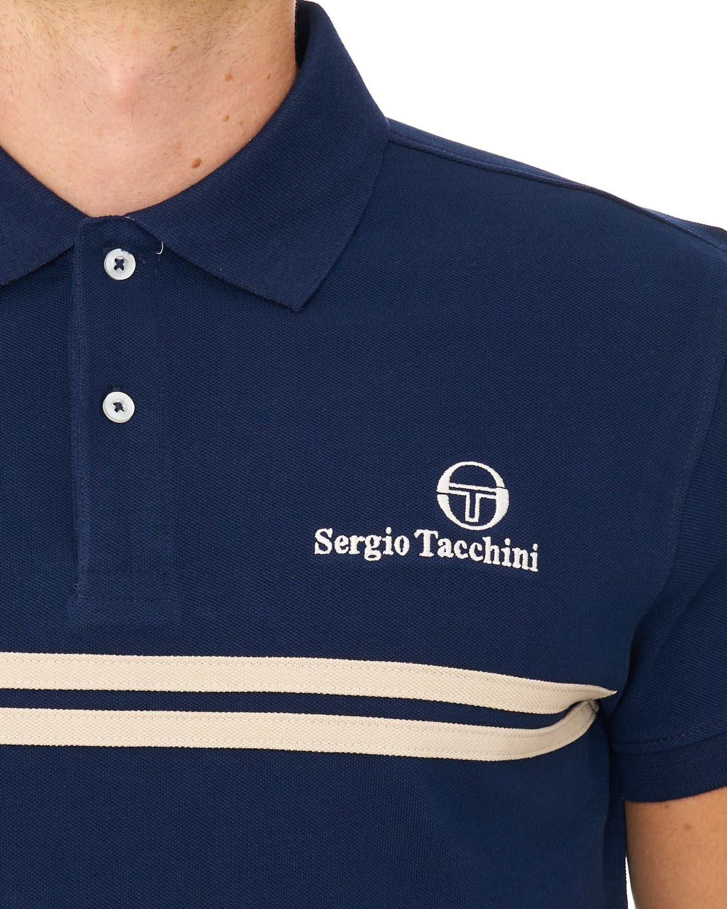 Sergio Tacchini Twin Stripe Polo Shirt Navy Blue/Light Sand