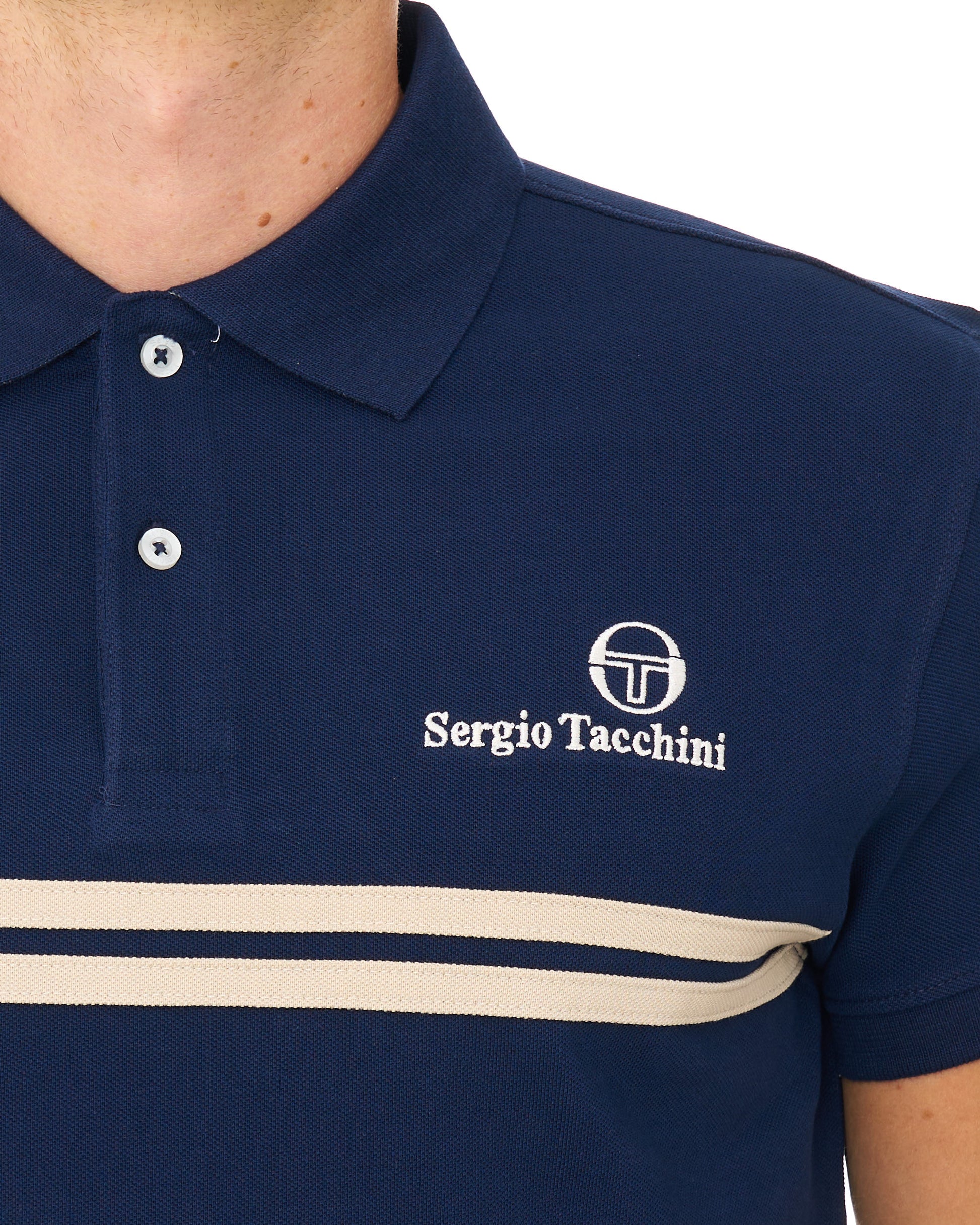 Sergio Tacchini Twin Stripe Polo Shirt Navy Blue/Light Sand