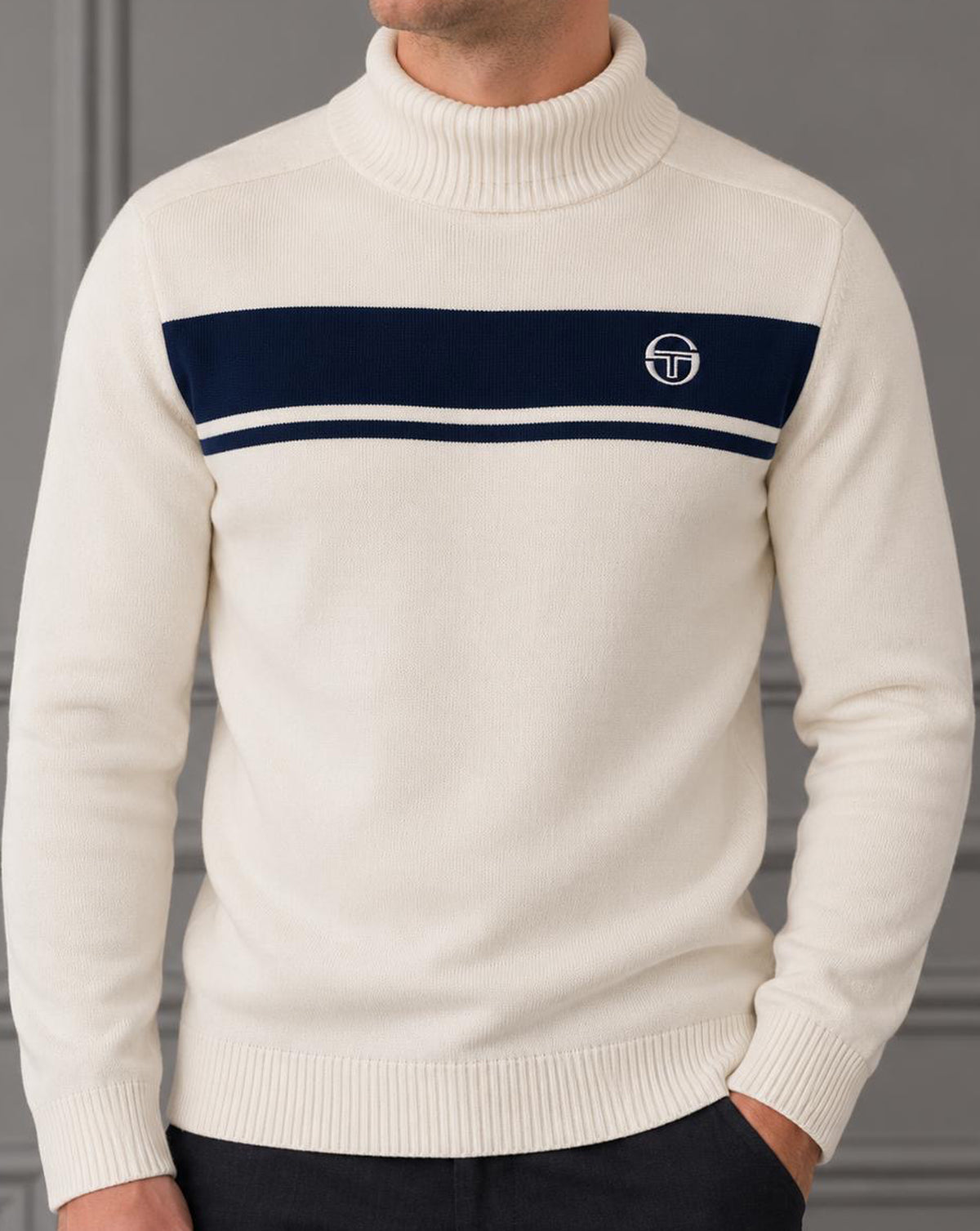 Sergio Tacchini Masters Roll Neck Knit Ecru Navy