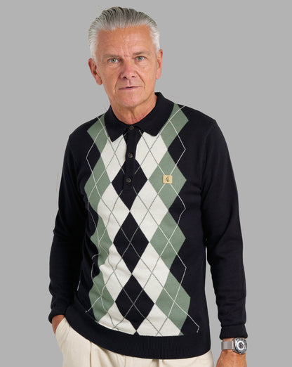 Gabicci Vintage Argyle Diamond Knit LS Polo Black