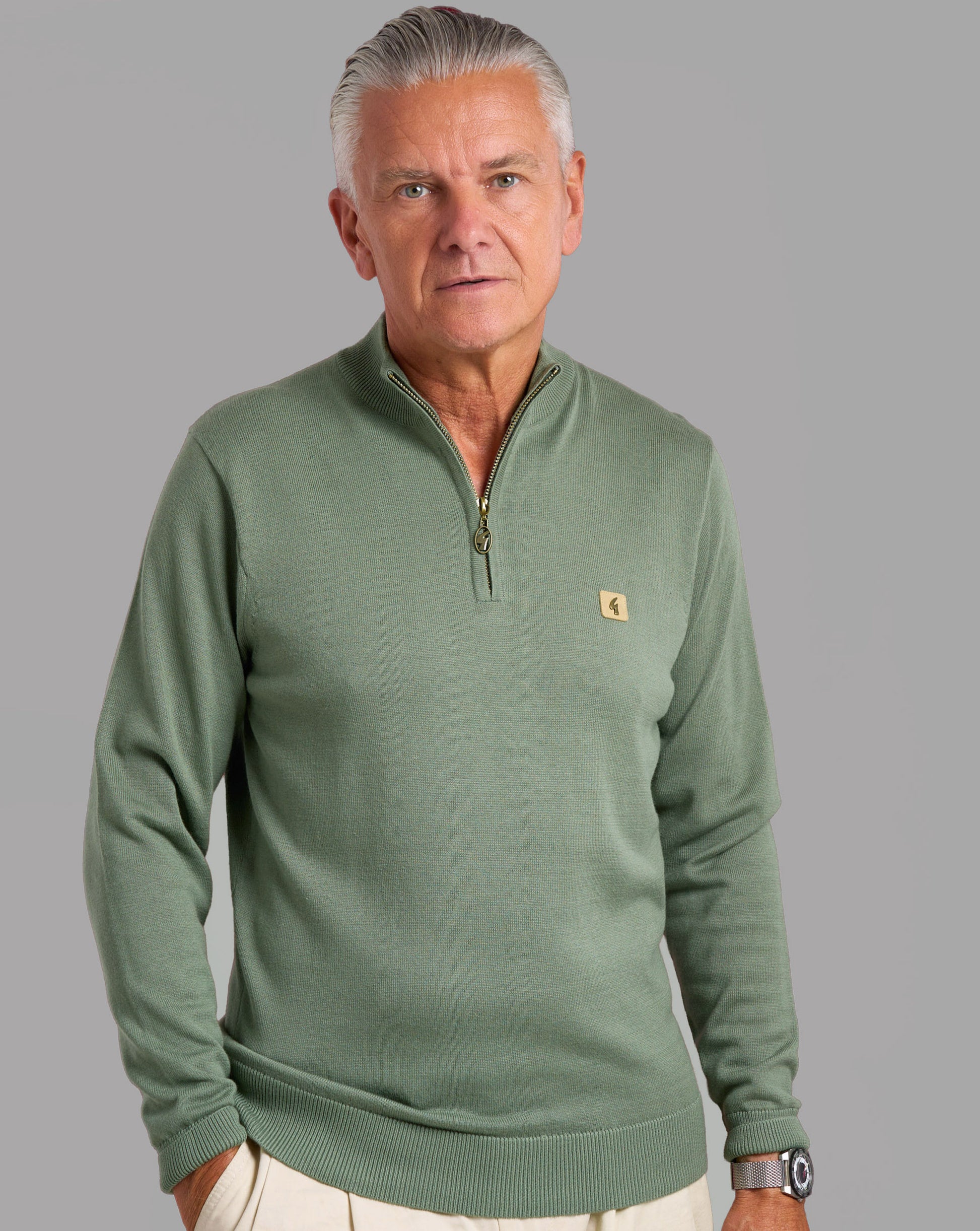 Gabicci Vintage Naxton 1/4 Zip Knit Khaki Green