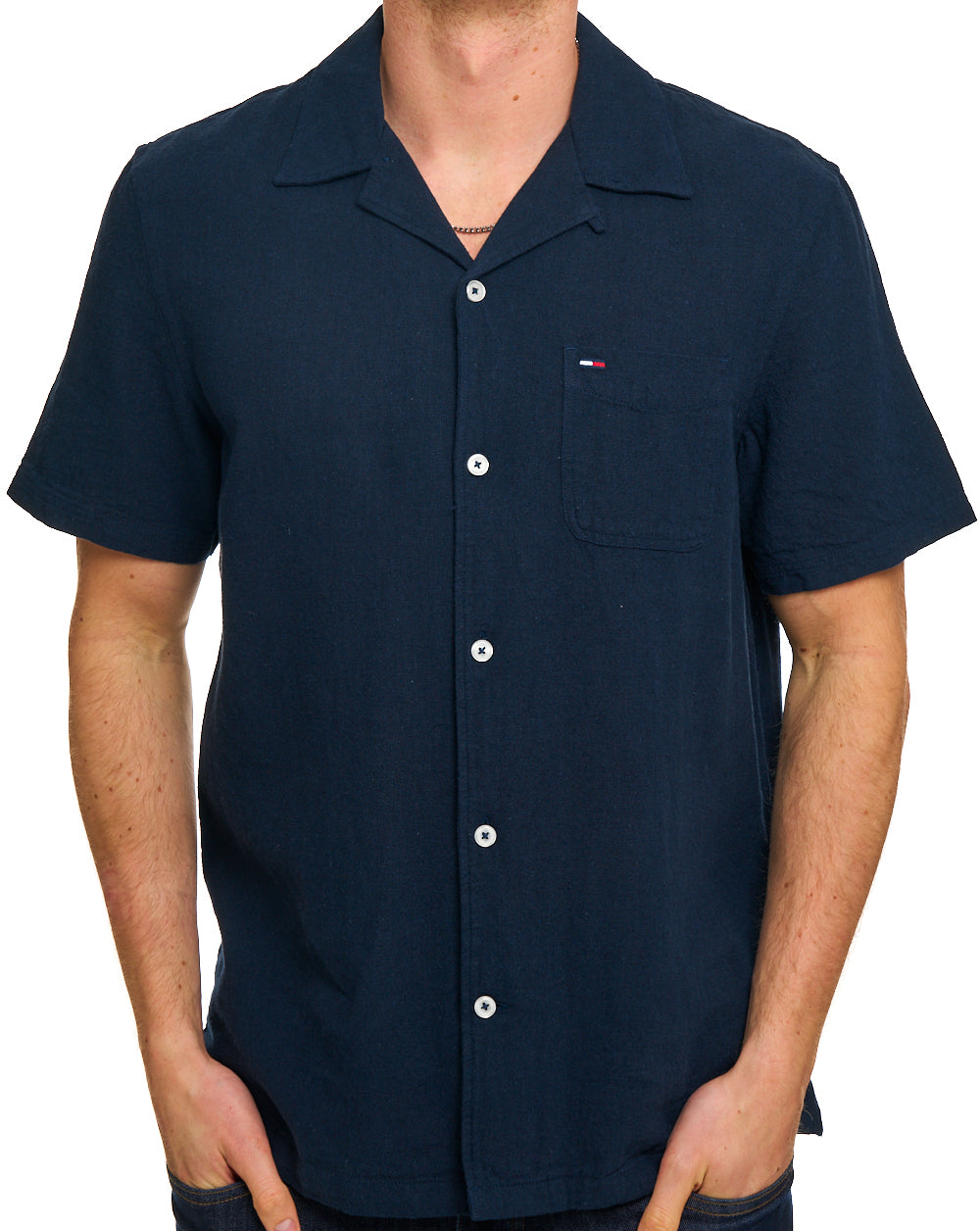 Tommy Jeans Camp Collar Linen Shirt Dark Navy