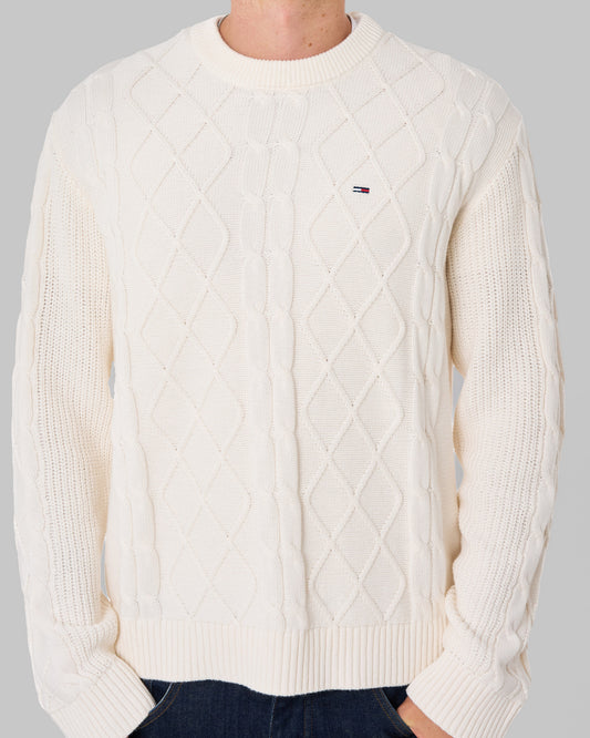 Tommy Hilfiger Tommy Jeans Flag Cable Knit Jumper Off White