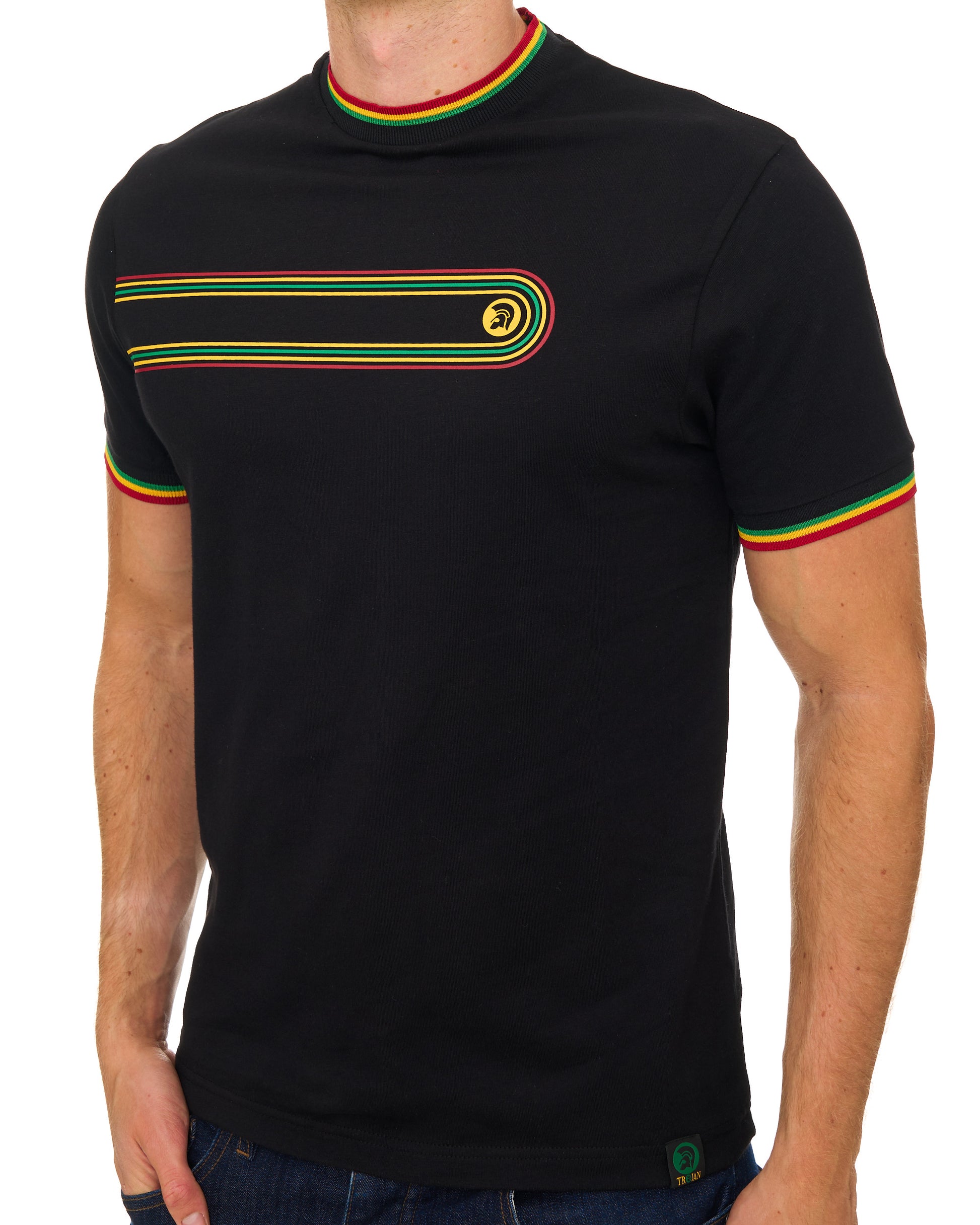 Trojan Retro Print Stripe T Shirt Black