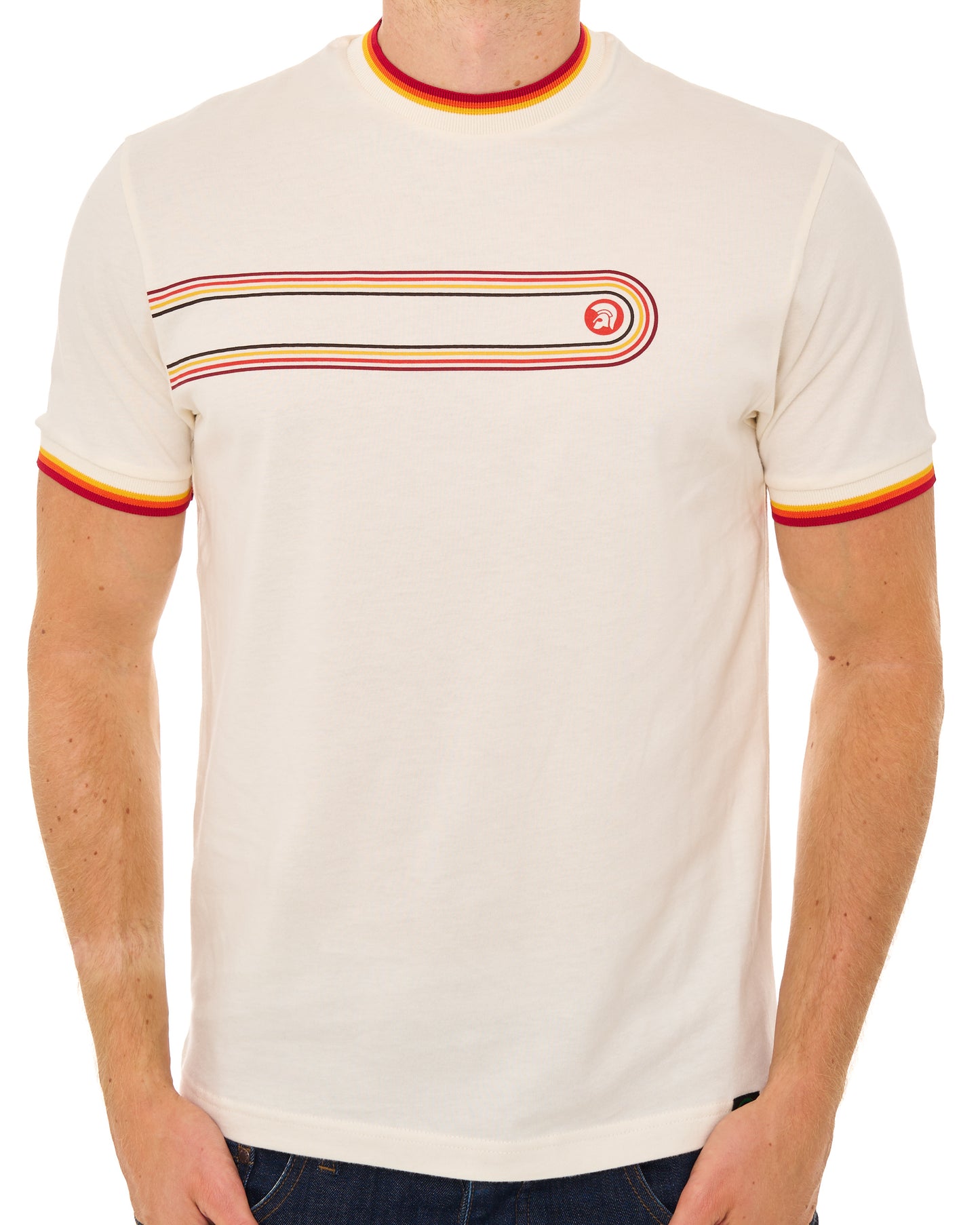 Trojan Retro Print Stripe T Shirt Ecru