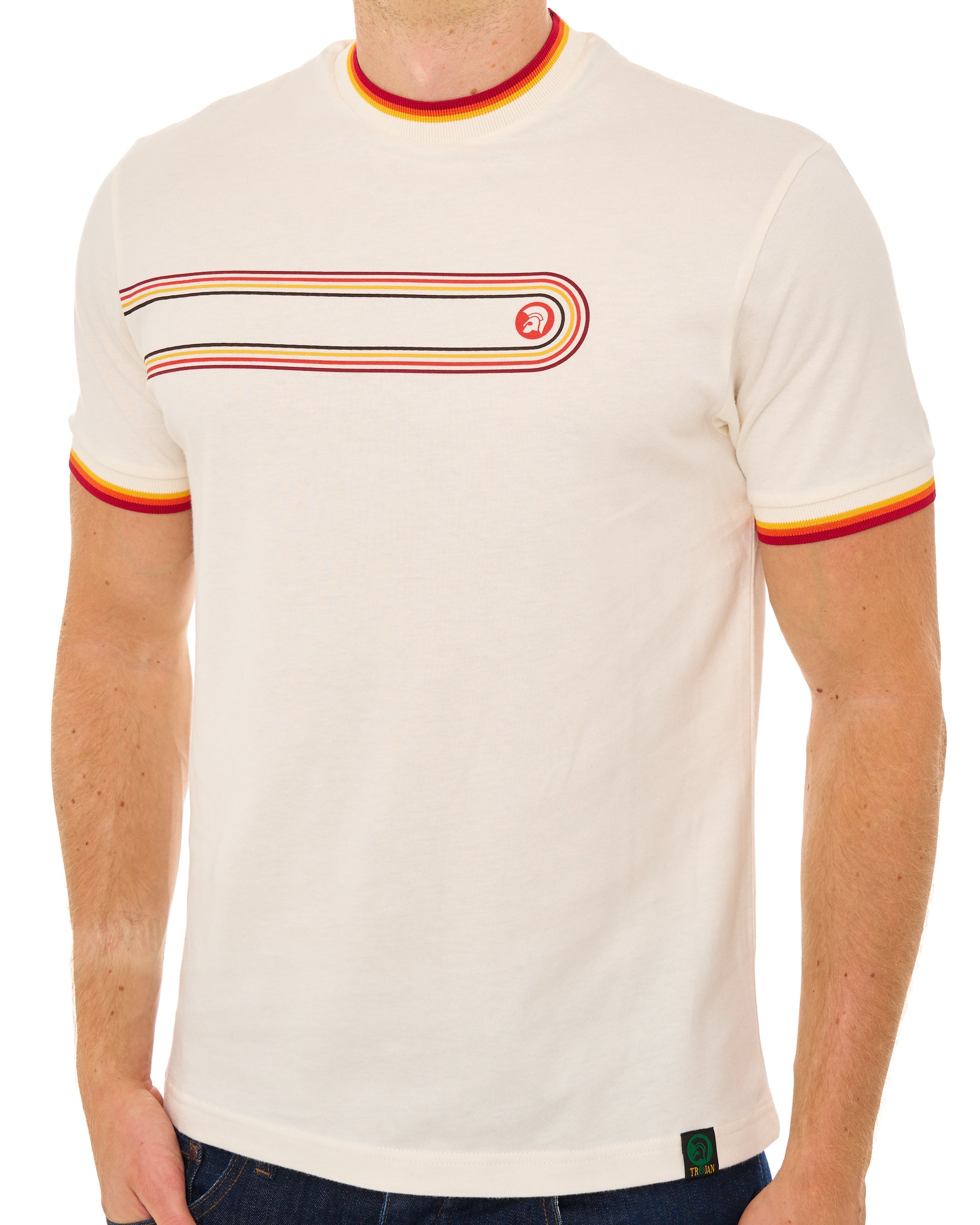 Trojan Retro Print Stripe T Shirt Ecru