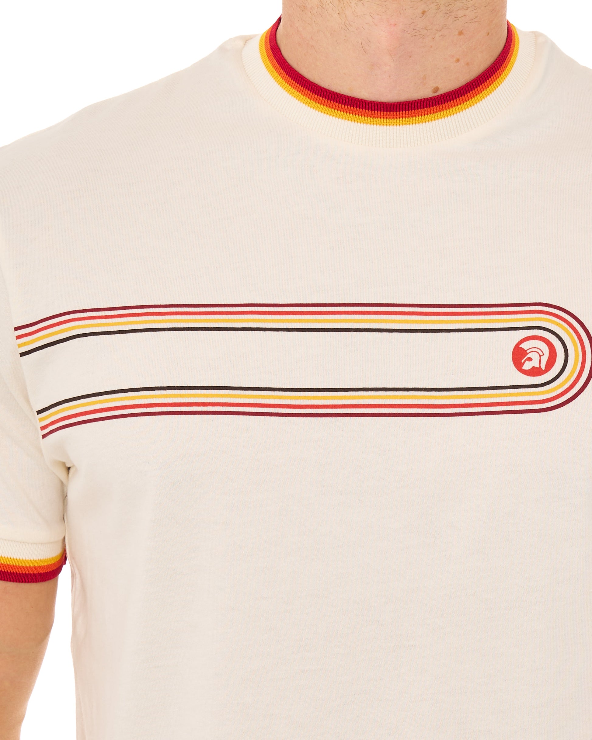Trojan Retro Print Stripe T Shirt Ecru
