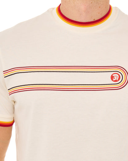 Trojan Retro Print Stripe T Shirt Ecru