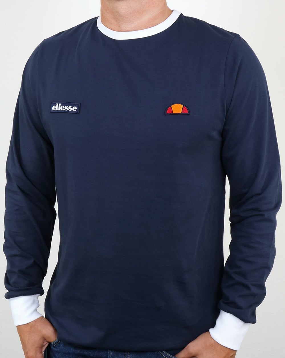 Ellesse Twin badge Long Sleeve Ringer T Shirt Navy
