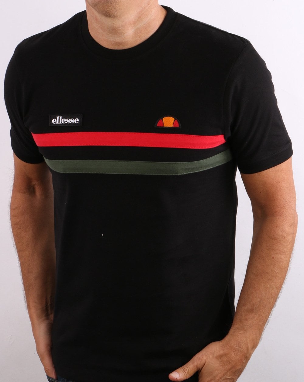 Ellesse Two Stripe T Shirt Black/Red/Khaki