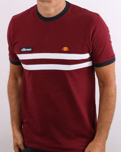 Ellesse Two Stripe T Shirt Burgundy/White/Navy