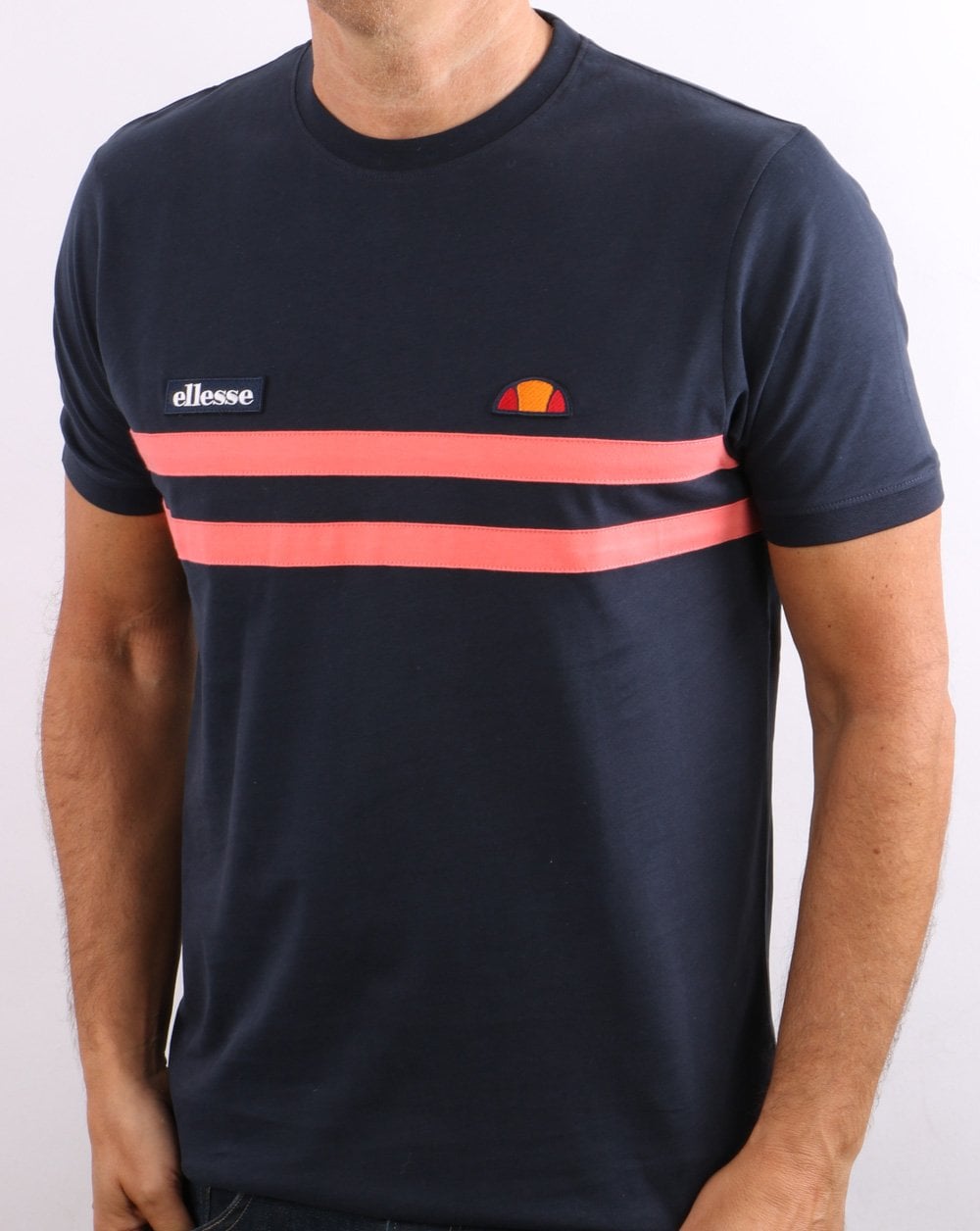 Ellesse Two Stripe T Shirt Navy/Coral